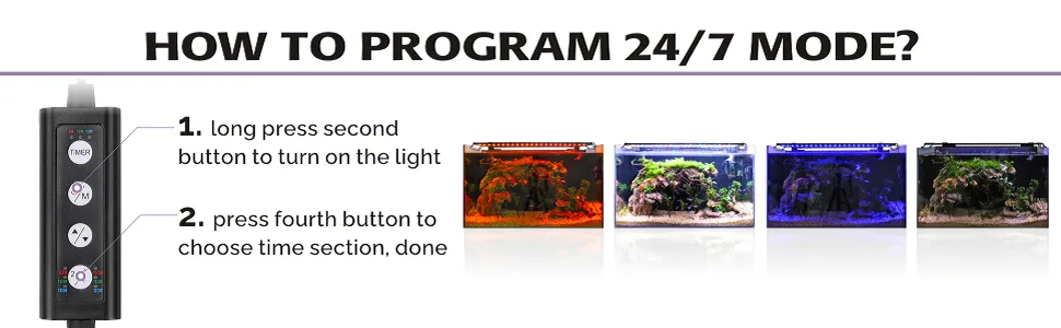 hygger Advanced Full Spectrum LED Aquarium Light with Timer 24/7 Lighting Cycle, Customize Mode 7 Colors 5 Intensity Planted Tank Light for 5575 Gallon Fish Tank 48"- 54" - 24/7 LIGHTING MODE