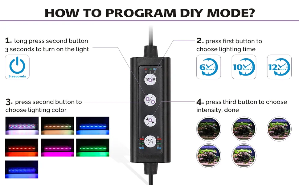 hygger Advanced Full Spectrum LED Aquarium Light with Timer 24/7 Lighting Cycle, Customize Mode 7 Colors 5 Intensity Planted Tank Light for 5575 Gallon Fish Tank 48"- 54" - CUSTOM LIGHT COLOR
