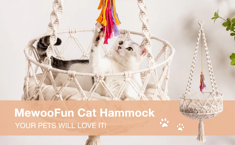 Hanging Macrame Cat Hammock Bed, Cat Swing Bed Space Saving Window Perch with Washed Cotton Mat & Funny Cat Toy for Indoor Cats - cat_hammock_cat_window_perch_02