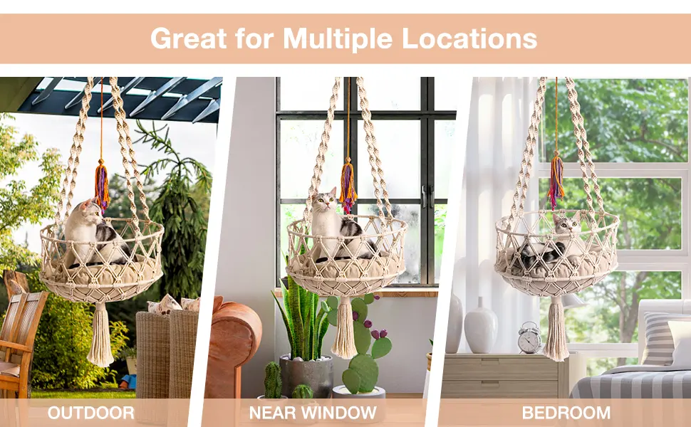 Hanging Macrame Cat Hammock Bed, Cat Swing Bed Space Saving Window Perch with Washed Cotton Mat & Funny Cat Toy for Indoor Cats - cat_hammock_cat_window_perch_04