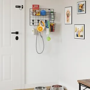 Wall35 Pluto Pet Supplies Organizer Wall Mount Wire Basket Hooks for Hanging Dog Leash Cat Collars Metal Black - entryway storage rack with hooks for hanging metal baskets wall hooks entryway decor coat hooks