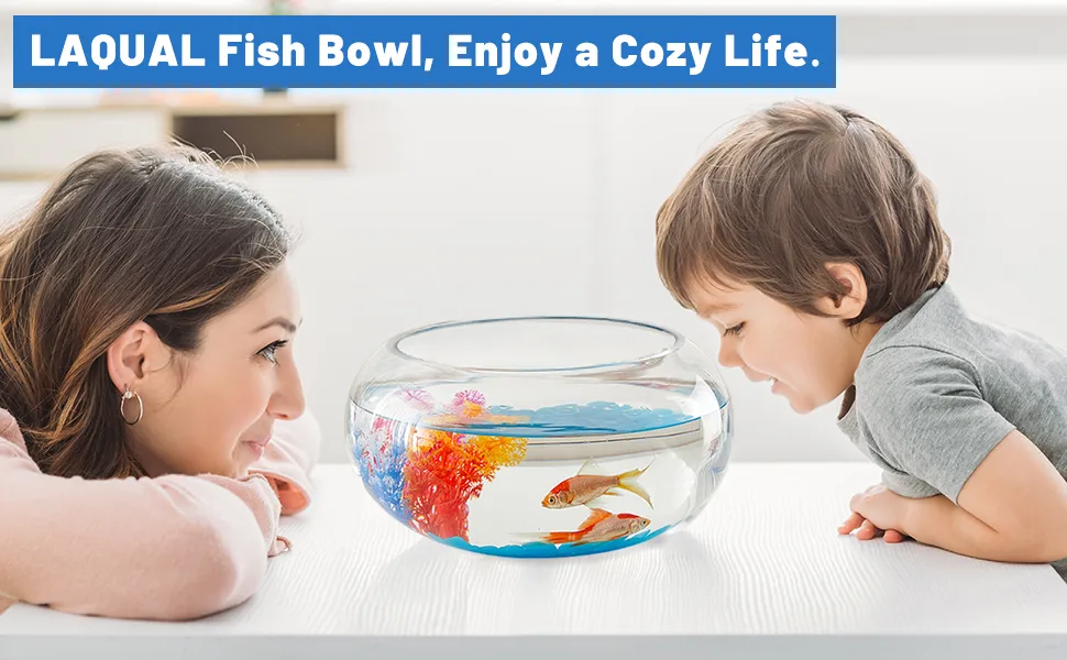 LAQUAL 2 Gallon Glass Fish Bowl with Decor, Include Fluorescent Stones & Colorful Plastic Trees, High White Glass for Clear View, Small Fish Bowl/Vase/Aquarium for Betta Fish/Goldfish, Nice Home Dcor - enjoy your life