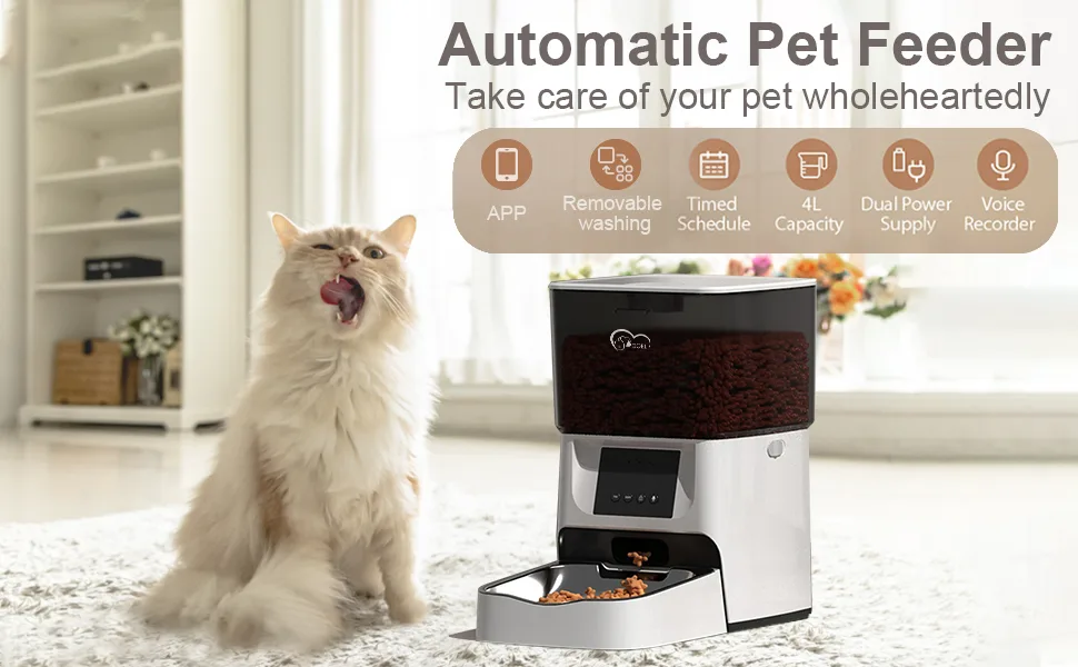 DOEL Automatic Cat Feeder Timed and Quantitative Feeding with Stainless Steel Bowl APP Remote Control with Dual Power Dry Food Pet Feeder 4L - product information 1