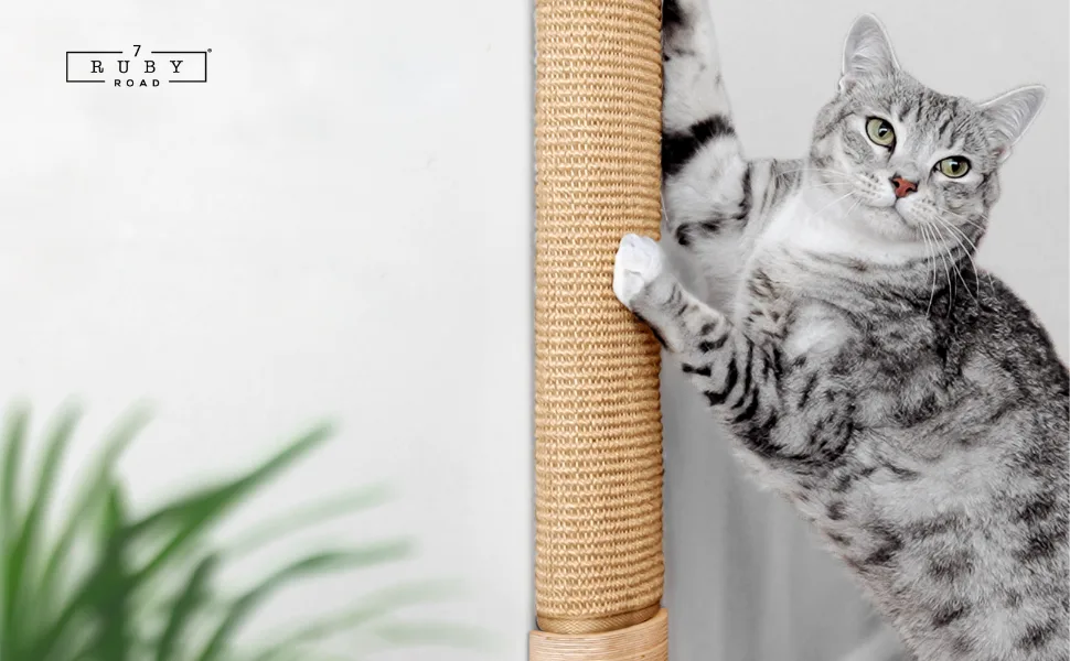 7 Ruby Road Wall Mounted Cat Scratching Post - Wall Mount Wooden Sisal Cat Scratcher & Vertical Scratch Pad (Replaceable) - Modern Cat Wall Furniture for Indoor Cats or Kittens (29.5 x 6 in) - cat scratching post