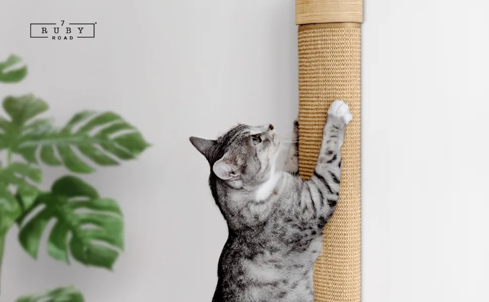 7 Ruby Road Wall Mounted Cat Scratching Post - Wall Mount Wooden Sisal Cat Scratcher & Vertical Scratch Pad (Replaceable) - Modern Cat Wall Furniture for Indoor Cats or Kittens (29.5 x 6 in) - large cat scratching post for adult cats