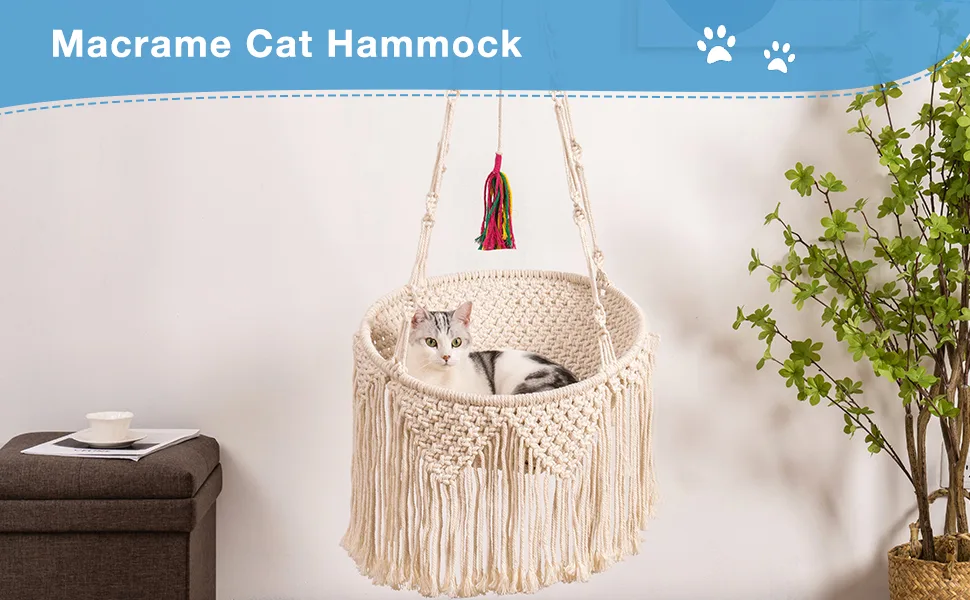 MewooFun Macrame Cat Hammock Hanging Cat Bed for Indoor Cats Boho Cat Swing Bed for Sleeping, Playing, Climbing, and Lounging - cat hammock