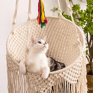 MewooFun Macrame Cat Hammock Hanging Cat Bed for Indoor Cats Boho Cat Swing Bed for Sleeping, Playing, Climbing, and Lounging - cat hammock