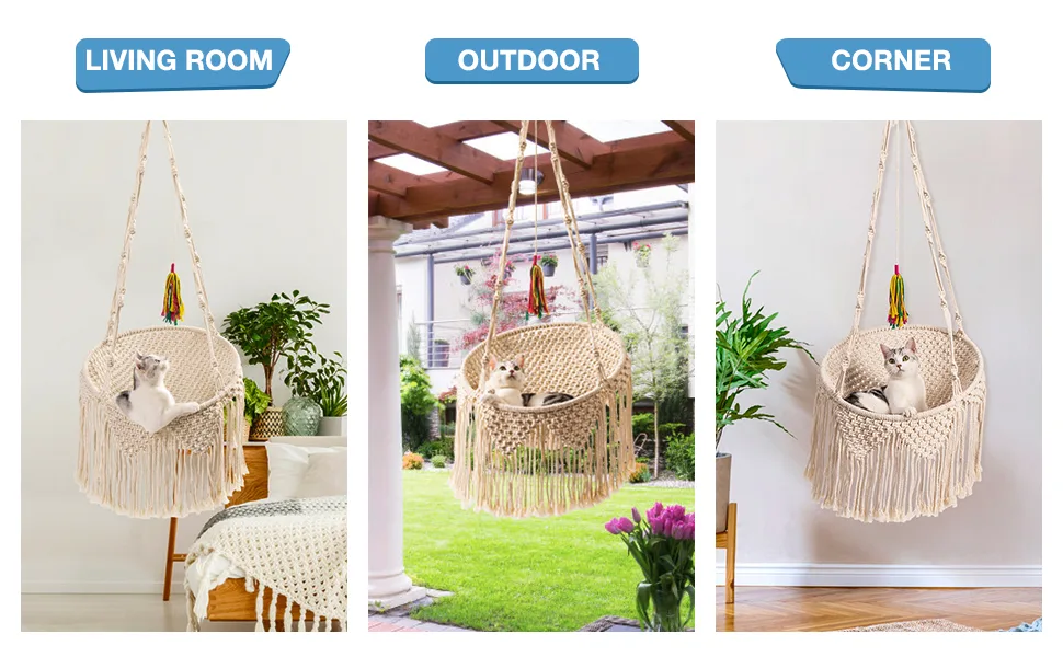 MewooFun Macrame Cat Hammock Hanging Cat Bed for Indoor Cats Boho Cat Swing Bed for Sleeping, Playing, Climbing, and Lounging - cat hammock
