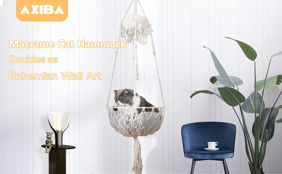 AXIBA Macrame Cat Hammock, Cat Beds Hanging Cat Hammock for Indoor Cats, Hanging Cat Bed Cat Swing with Cushion Hanging Kit for Kitten Sleeping - product information 1