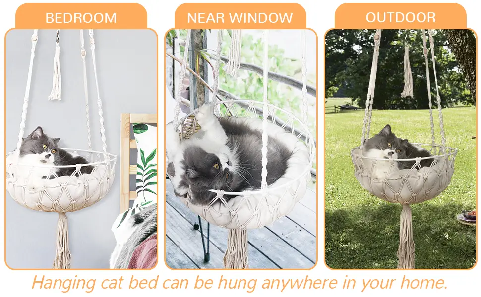 AXIBA Macrame Cat Hammock, Cat Beds Hanging Cat Hammock for Indoor Cats, Hanging Cat Bed Cat Swing with Cushion Hanging Kit for Kitten Sleeping - product information 3