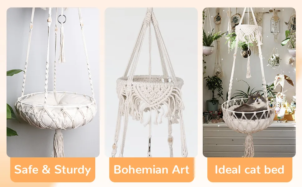 AXIBA Macrame Cat Hammock, Cat Beds Hanging Cat Hammock for Indoor Cats, Hanging Cat Bed Cat Swing with Cushion Hanging Kit for Kitten Sleeping - product information 4