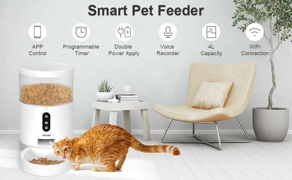 Peteme Automatic Cat Feeder, 4L Portion Control Smart Pet Feeder with APP Control, Timed Cat Feeder for Cats, Dogs & Small Pets, 2.4G Wi-Fi Enabled white - SMART PET FEEDER