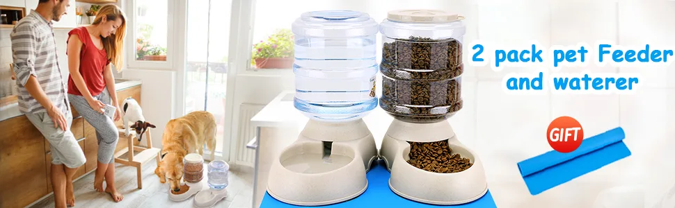 2 Pack Automatic Cat Feeder and Water Dispenser in Set with Pet Food Mat for Small Medium Dog Pets Puppy Kitten Big Capacity 1 Gallon x 2 2 Pack Cream - Automatic cat feeder