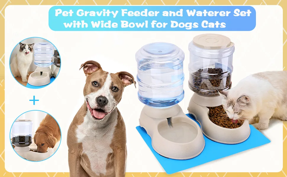 2 Pack Automatic Cat Feeder and Water Dispenser in Set with Pet Food Mat for Small Medium Dog Pets Puppy Kitten Big Capacity 1 Gallon x 2 2 Pack Cream - cat feeder