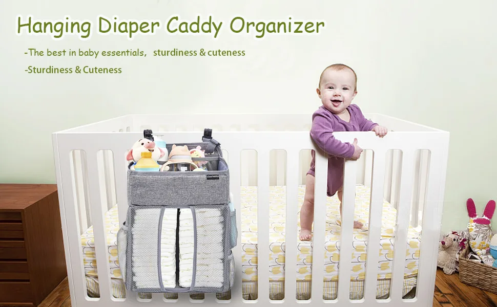 Hanging Diaper Caddy Organizer,Diaper Stacker and Crib Organizer,Upgrade Thicken Nursery Organizer for Changing Table, Crib, Wall & Bassinet, Baby Essentials Storage (Gray) - product information 13