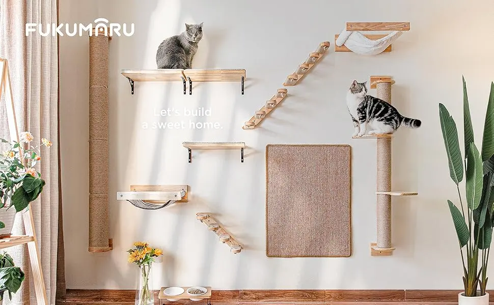 FUKUMARU Cat Activity Tree with Scratching Posts, Wall Mounted Jute Scratcher Pine Hammock (Cat Activity Tree-Updated) - Live together, live better.