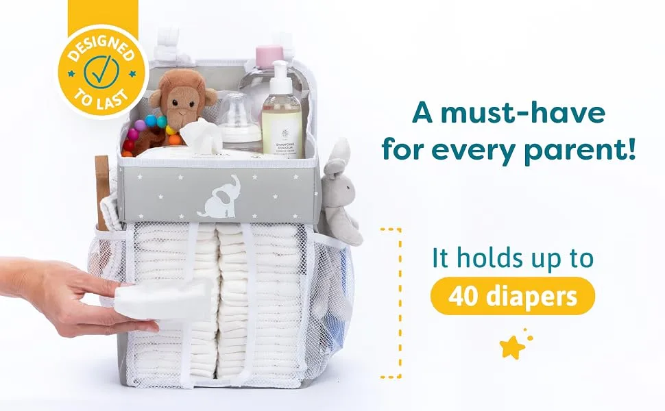 Cradle Star Hanging Diaper Caddy Organizer - Diaper Organizer Caddy with Multiple Pockets - Baby Organizer for Nursery Accessories - Changing Table Organizer and Diaper Storage - 17x9x9 in - Gray Standard Grey - cradle star caddy