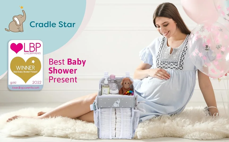 Cradle Star Hanging Diaper Caddy Organizer - Diaper Organizer Caddy with Multiple Pockets - Baby Organizer for Nursery Accessories - Changing Table Organizer and Diaper Storage - 17x9x9 in - Gray Standard Grey - cradle star caddy Organizer
