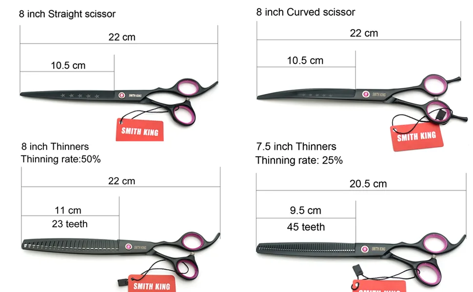 8.0 inches Professional Dog Grooming Scissors Set Straight & thinning & Curved & chunkers 4pcs in 1 Set (with Comb) - length