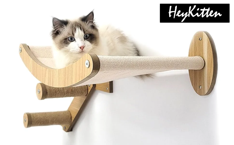 HeyKitten 17" Cat Wall Hammock for 2x4 Stud Mount, Stylish Floating Kitten Shelf, DIY Suspension Kitty Perch for Large and Multiple Indoor Cats, Walnut - cat hammock
