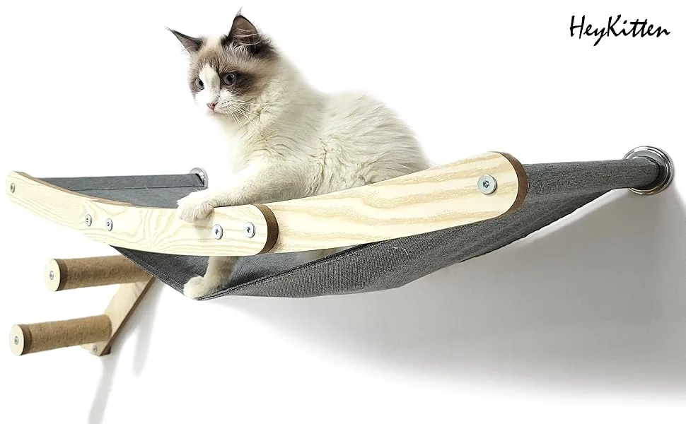 HeyKitten 17" Cat Wall Hammock for 2x4 Stud Mount, Stylish Floating Kitten Shelf, DIY Suspension Kitty Perch for Large and Multiple Indoor Cats, Walnut - cat wall hammock for large cats