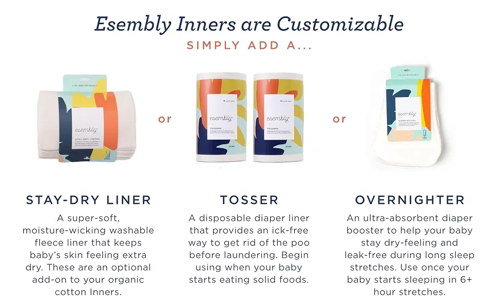 Esembly Cloth Diaper Bundle Set, 3 Organic Absorbent Inners and 1 Waterproof Diaper Cover, Blowout-Proof Reusable Washable Diapers with Snap Closure, Size 1 (7-17lbs), Confetti Bundle - Confetti Size 1 (Pack of 4) - Esembly Inners are Customizable! Simply add a Stay-Dry Liner, Tosser, or Overnighter