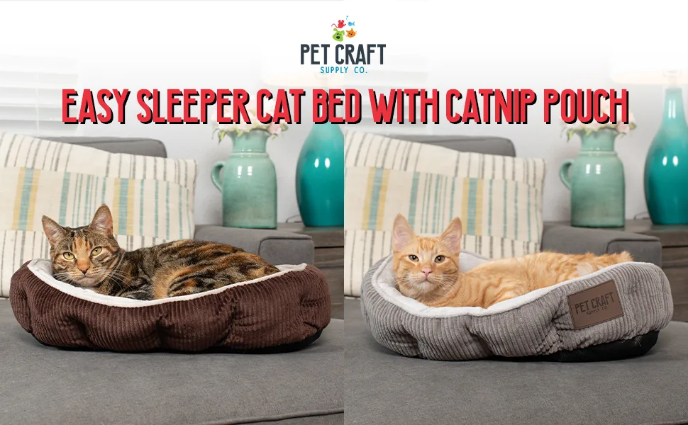 Pet Craft Supply Cat Bed For Indoor Cats - Kitten Bed - Machine Washable - Ultra Soft - Self Warming - Refillable Catnip Pouch Grey - Pet Craft Supply Easy Sleeper Cat Bed Ultra Soft with Catnip Pouch