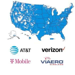 Tractive Waterproof GPS Dog Tracker - Location & Activity, Unlimited Range & Works with Any Collar (White) - A map of the US shows comprehensive coverage. Below are 4 provider logos.