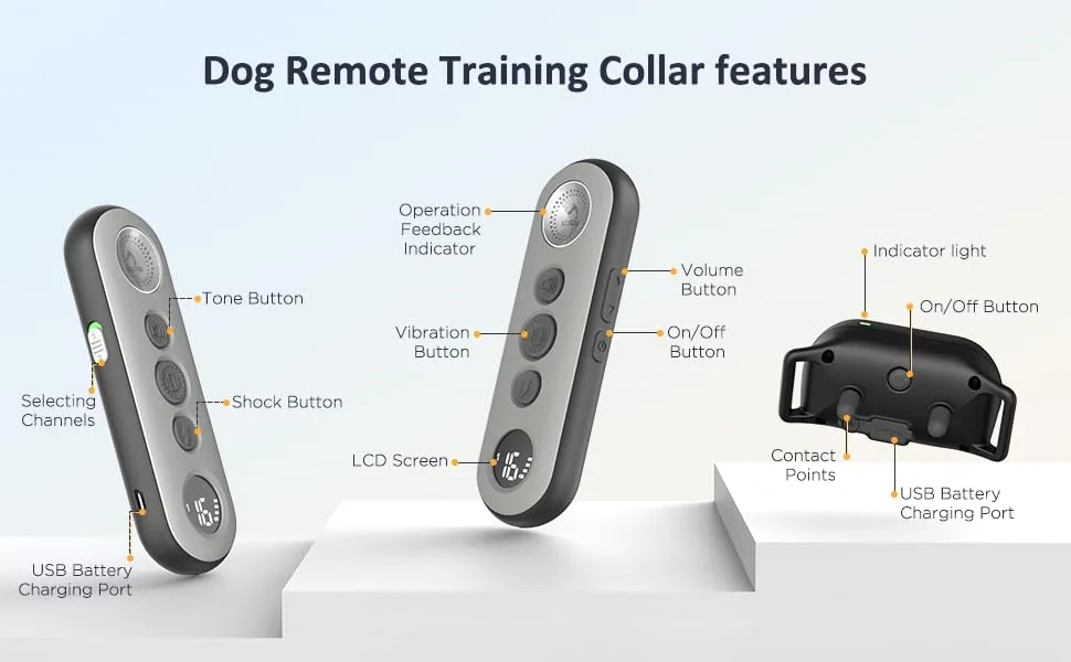 PATPET Dog Shock Collar with Remote - 3 Safe Training Modes, Rechargeable Waterproof Dog Training Collar for Small Medium Large Dogs (8-120 lbs), 3000Ft Control Electric Bark Collar with Remote Dark Grey - dog training collar