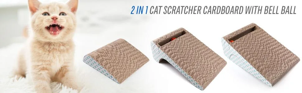 PrimePets Cat Scratcher Cardboard, Removable Cat Scratching Pad with Ball, 2-in-1 Corrugated Cat Scratch Lounge Sofa Refill, Catnip Included - 2 in 1 cat scratcher cardboard with bell ball