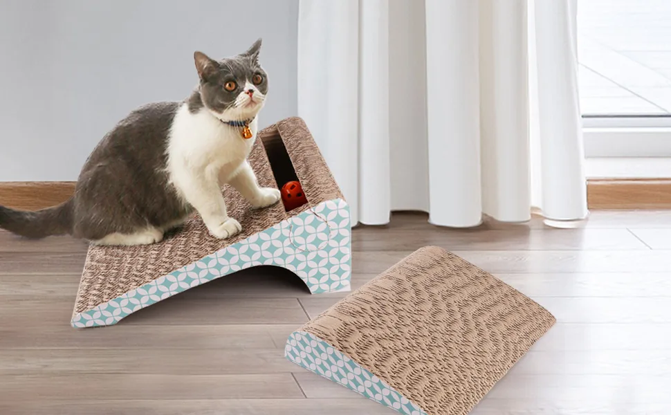 PrimePets Cat Scratcher Cardboard, Removable Cat Scratching Pad with Ball, 2-in-1 Corrugated Cat Scratch Lounge Sofa Refill, Catnip Included - cat scratcher cardboard 2 in 1