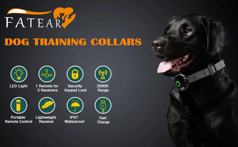 FATEAR Dog Training Collar Dog Shock Collar with Remote, Shock Collar for Large Medium Small Dogs, with Light, Beep, Vibration, Shock Mode, Waterproof Electric Collar Black - dog shock collar
