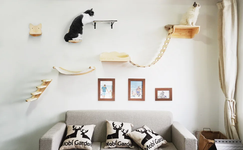 Cat Hammock Wall Mounted Cat Shelf with Two Steps - Floating Wall Cat Shelf, Solid Rubber Wood Hanging Shelves and Perches for Sleeping, Playing, Climbing, and Lounging - product information 2