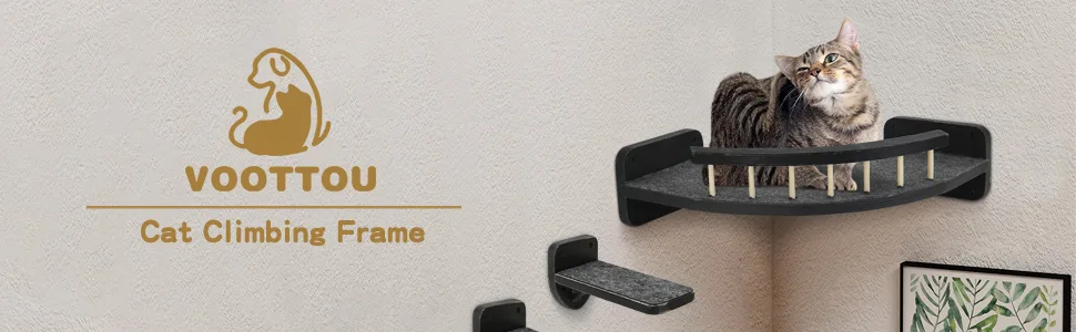Cat Hammock Cat Wall Shelves with 3 Steps, Cat Shelves and Perches for Wall Cat Climbing Shelf, Cat Scratching Post Cat Wall Shelf for Indoor with Plush Covered Black - Voottou