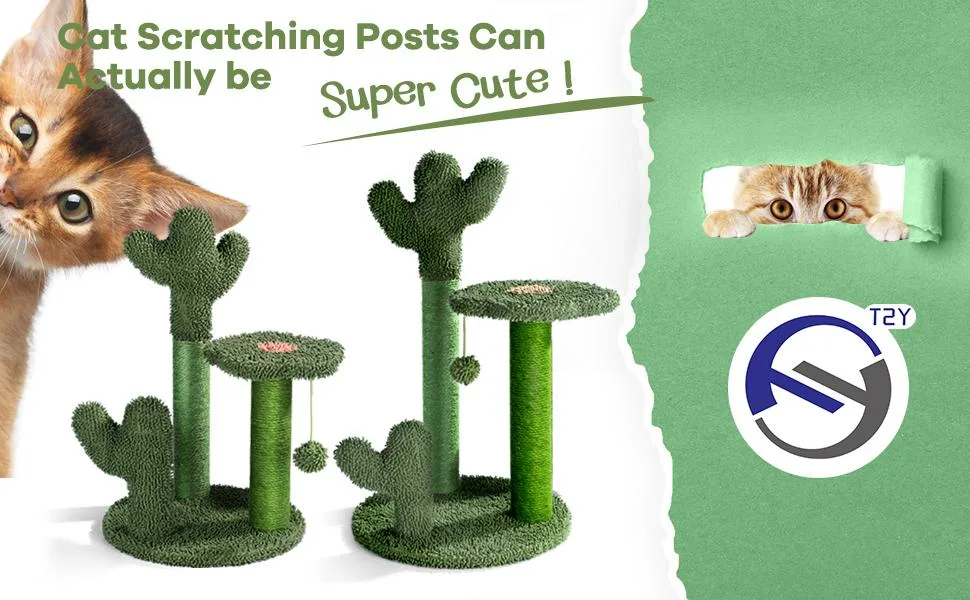 T2Y Cat Scratching Post - Cactus Cat Scratcher Tower with 3 Scratch Post and Dangling Bell Ball, Full Wrapped Premium Natural Sisal Scratching Post for Indoor Cats Medium - A+01