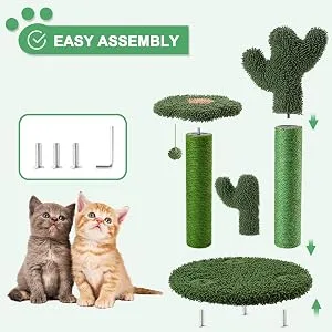T2Y Cat Scratching Post - Cactus Cat Scratcher Tower with 3 Scratch Post and Dangling Bell Ball, Full Wrapped Premium Natural Sisal Scratching Post for Indoor Cats Medium - product information 4