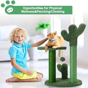 T2Y Cat Scratching Post - Cactus Cat Scratcher Tower with 3 Scratch Post and Dangling Bell Ball, Full Wrapped Premium Natural Sisal Scratching Post for Indoor Cats Medium - product information 5