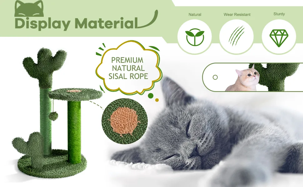 T2Y Cat Scratching Post - Cactus Cat Scratcher Tower with 3 Scratch Post and Dangling Bell Ball, Full Wrapped Premium Natural Sisal Scratching Post for Indoor Cats Medium - product information 6
