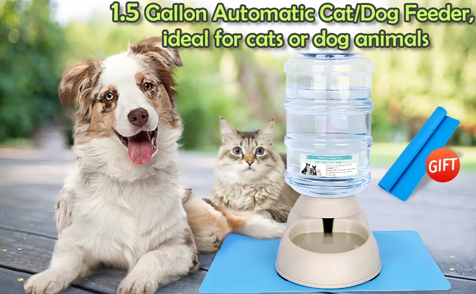 Automatic Cat Water Dispenser with Pet Food Mat for Small Medium Dog Pets Puppy Kitten Big Capacity 1.5 Gallon grey - Automatic cat feeder