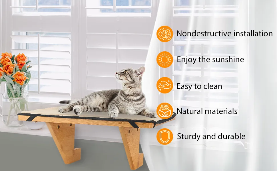 Hooxincci Cat Window Perch, Wall Mount Cat Window Hammock for Indoor Cats, Durable Sturdy Natural Bamboo Cat Window Seat, Fit Window Sills with Gaps - cat window perch cat hommock cat bed cat seat kitty