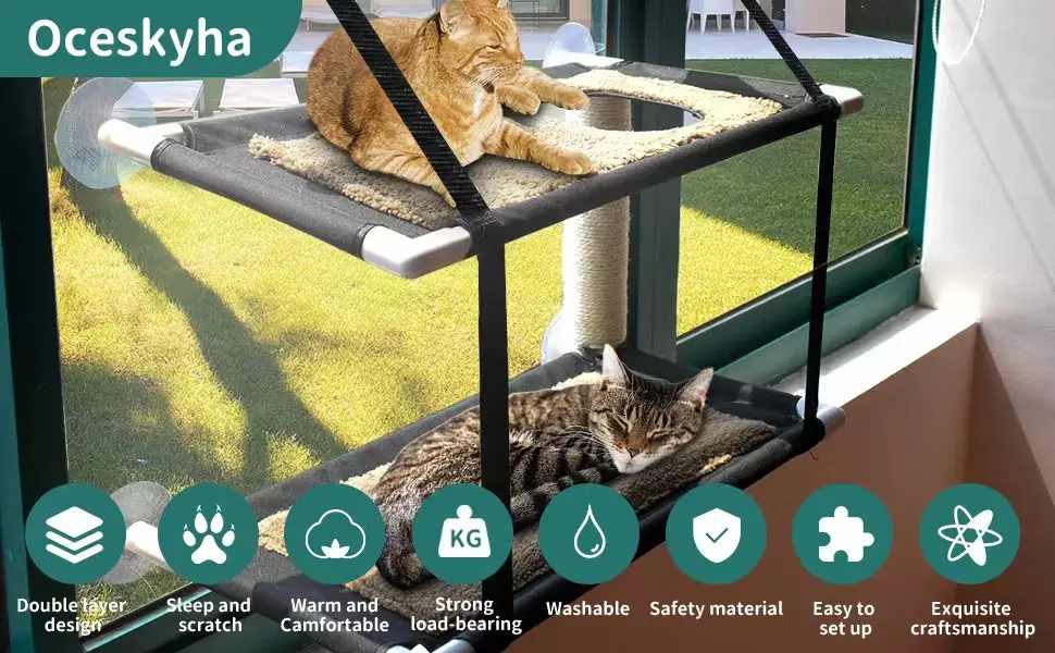 Oceskyha Cat Window Perch, Cat Hammock Window , Free Fleece Blanket Extra Large Sturdy Cat Bed Cat Resting Seat Space Saving for Indoor Double-layer Flannel - pet cat