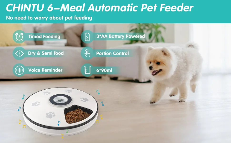Chintu Automatic Cat Feeder Auto Cat Food Dispenser - Portion Control Pet Dry Food Dispenser for Small Dog, Programmable Timed Smart Cat Feeder with Voice Reminder Time Interval - CHINTU
