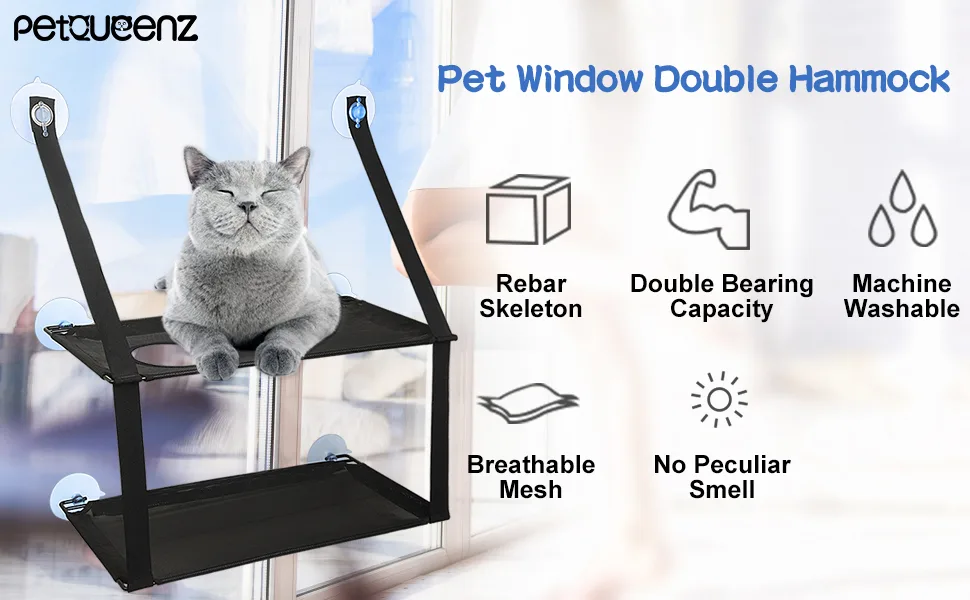 Cat Window Perch Cat Hammock Windows Seat Double for Large Cat Space Saving Window Mounted Cat Bed Durable Safety Cat Perch with 6 Suctions Cups Suit for Large and Small Cat Size - pet window double hammock