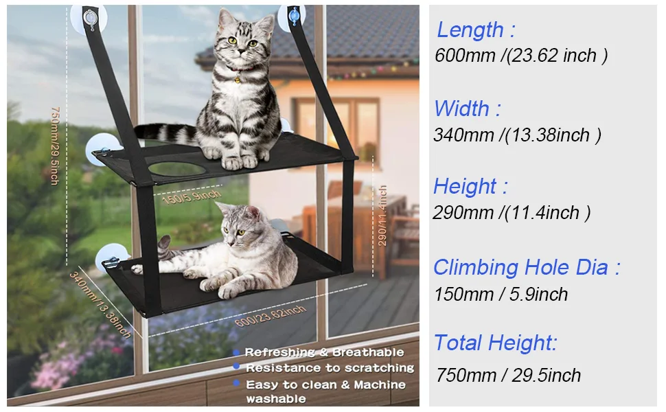 Cat Window Perch Cat Hammock Windows Seat Double for Large Cat Space Saving Window Mounted Cat Bed Durable Safety Cat Perch with 6 Suctions Cups Suit for Large and Small Cat Size - size for double large cat window perch