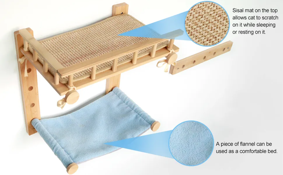 Yangbaga Cat Hammock for Wall, Wall Mounted Cat Shelves with Scratching Pad, Bamboo Cat Wall Perch with Flannel Bed - cat hammock