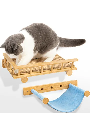 Yangbaga Cat Hammock for Wall, Wall Mounted Cat Shelves with Scratching Pad, Bamboo Cat Wall Perch with Flannel Bed - cat wall furniture