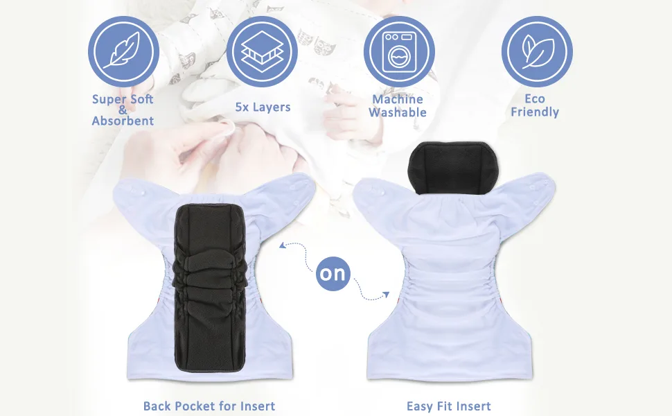 TDIAPERS Bamboo Fiber Cloth Diaper Inserts 5 Layers, Reusable and Absorbent ,Pack of 10 - diaper