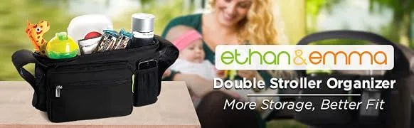 Ethan & Emma Double Stroller Organizer with Cup Holders - Fits Both Single & Double Strollers - Secured Fit & Extra Storage - Universal Stroller Organizer and Stroller Accessory - product information 1