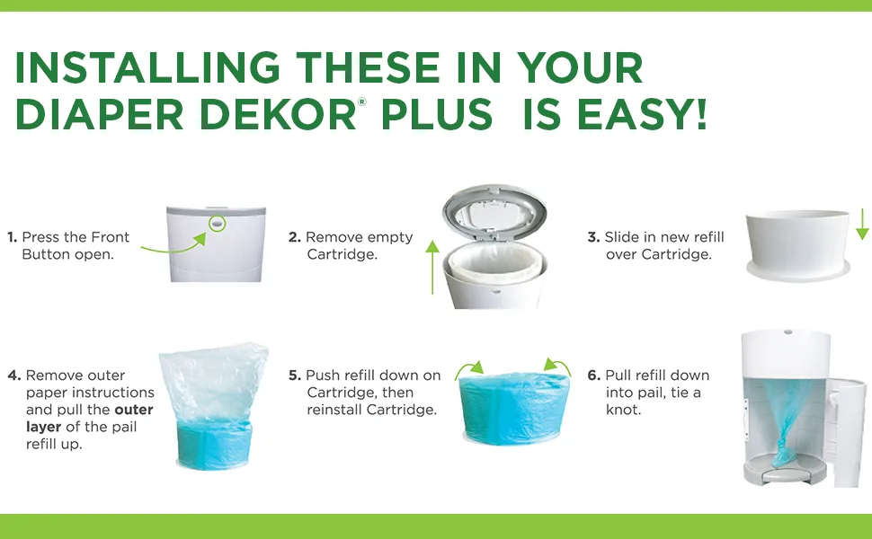 Pail Buddies Diaper Pail Refills | 6 Count | Compatible with Dekor Plus Diaper Pail | Strong, Durable Diaper Pail Refills with Fresh, Baby Powder Scent - easy to install