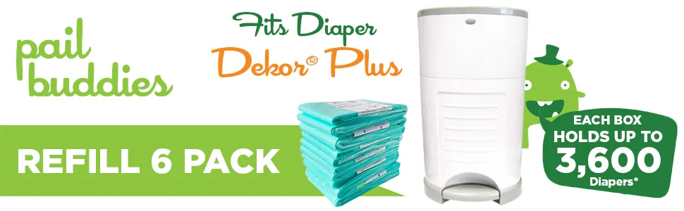 Pail Buddies Diaper Pail Refills | 6 Count | Compatible with Dekor Plus Diaper Pail | Strong, Durable Diaper Pail Refills with Fresh, Baby Powder Scent - pail buddies plus fits dekor plus